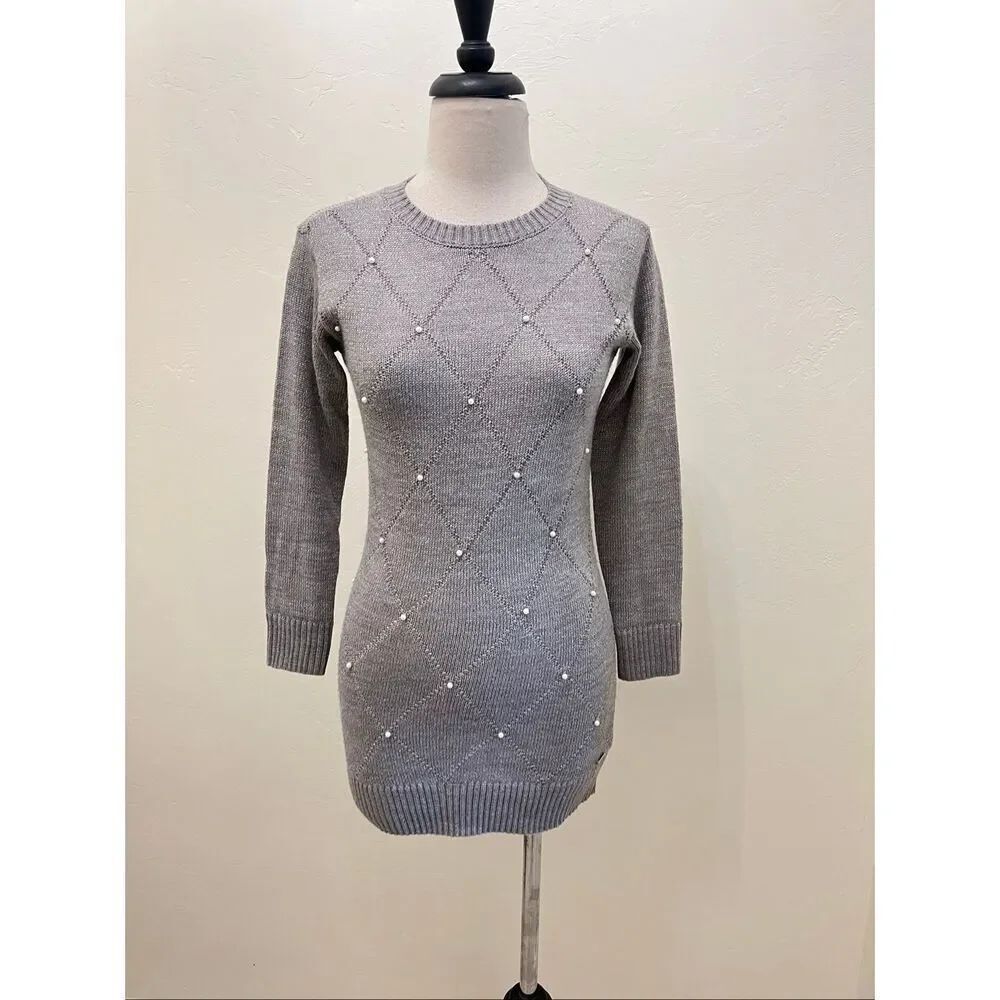 DKNY Women's Diamond Lattice Faux Pearl Knit Tunic Sweater Dress Gray Medium